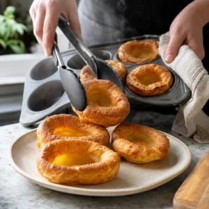 Frische Yorkshire Puddings werden aus der Form auf einen warmen Teller gelegt