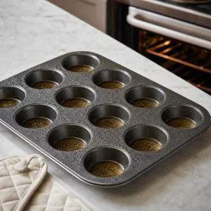 Heisse Muffinform mit schimmerndem Oel bereit fuer Yorkshire-Pudding-Teig