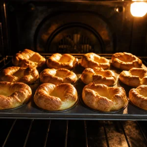 Yorkshire Puddings gehen goldbraun im Ofen auf
