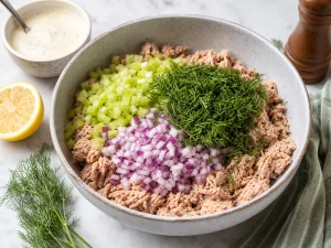 Celery, red onion, and dill added to flaked tuna