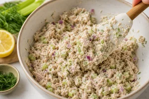 Creamy dressing folded into the tuna mixture