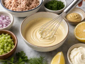 Creamy mayonnaise, lemon, and Dijon dressing whisked smooth