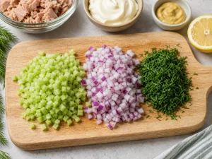 Finely diced celery, red onion, and fresh dill