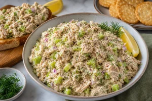 Finished tuna salad with dill, celery, and cracked pepper