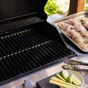 Oiled hot grill grates with marinated chicken ready for grilling