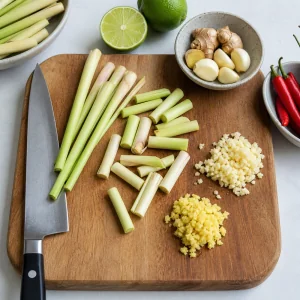 Trimmed lemongrass pieces with minced garlic and ginger on a cutting board