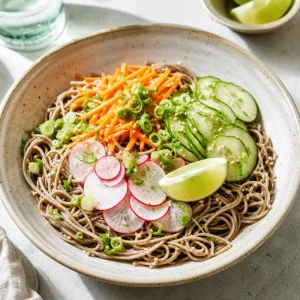 Cold soba noodles with cucumber, carrots, radishes, scallions, and lime