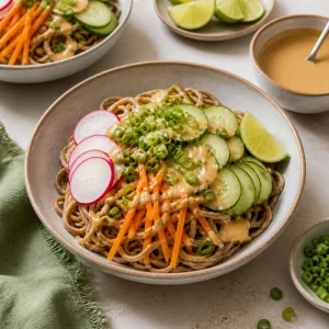 Finished cold soba noodle bowl with lime wedges and extra dressing
