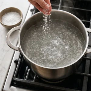 Salt being sprinkled into a pot of boiling water