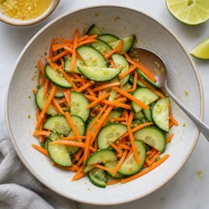 Cucumber slices and carrot matchsticks tossed with lime dressing