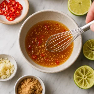 Lime dressing with garlic and chile being whisked in a bowl