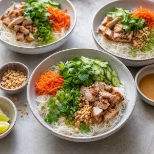 Rice noodle bowls topped with chicken, vegetables, herbs, scallions, and peanuts
