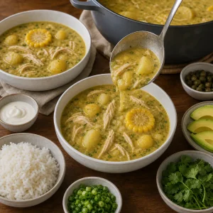 Ajiaco ladled into bowls with corn and served with cream, capers, avocado, rice, scallions, and cilantro