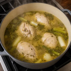 Chicken gently simmering in golden broth until tender