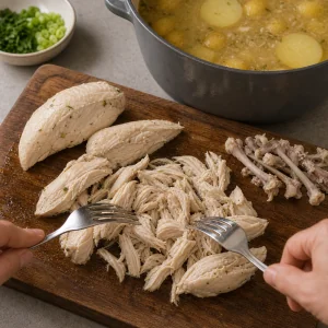 Cooked chicken being shredded into large pieces after the bones are removed