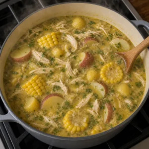 Red potatoes, corn, shredded chicken, and guascas simmering in creamy potato broth