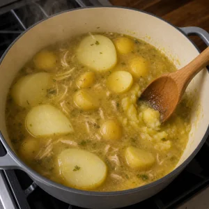Yellow and russet potatoes simmering while softened potatoes are pressed into the broth