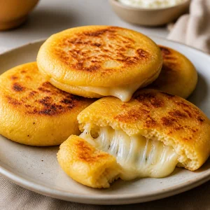 Golden Colombian cheese arepas with melted cheese on a plate