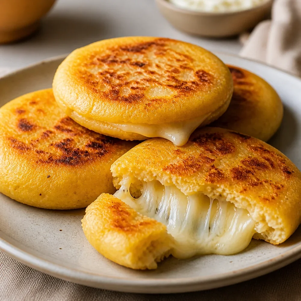 Golden Colombian cheese arepas with melted cheese on a plate