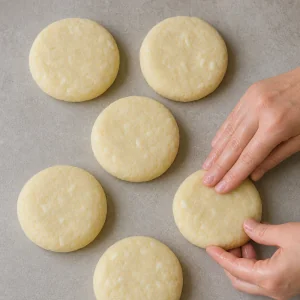 Raw arepa dough disks being shaped by hand