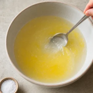 Warm water, salt, and melted butter stirred in a bowl