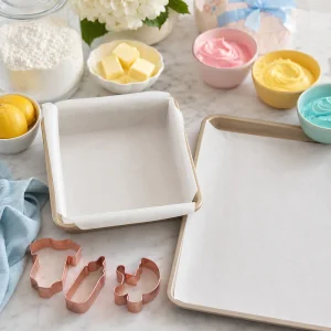 Формы с пергаментом и ингредиенты для угощений на baby shower