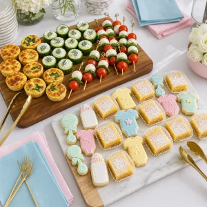 Соленые закуски и пастельные сладости на блюдах для baby shower