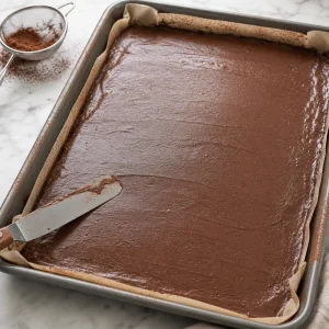 Chocolate sponge batter spread evenly in a jelly roll pan