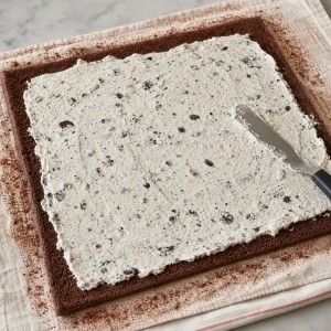 Cookies-and-cream ice cream spread over an unrolled chocolate sponge