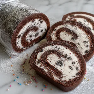 Frozen cookies-and-cream cake roll sliced into spiral pieces