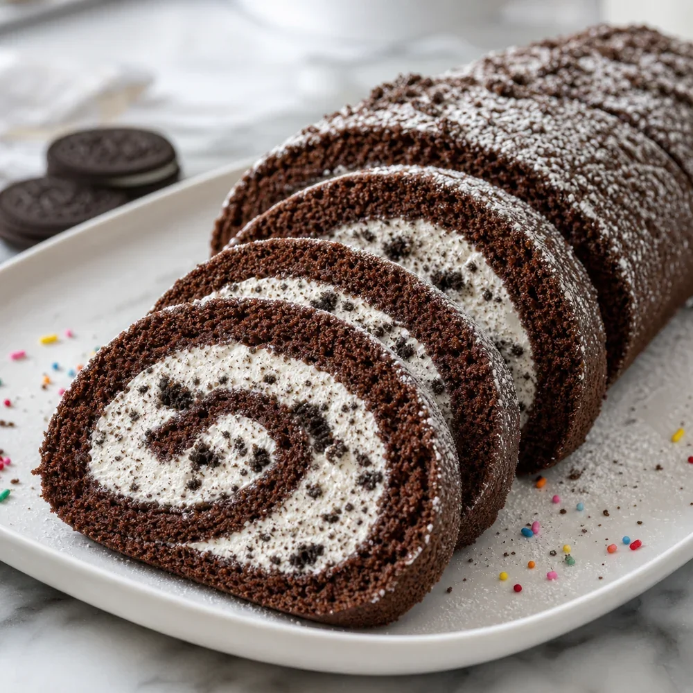 Sliced cookies-and-cream ice cream cake roll on a white plate