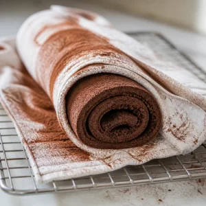 Warm chocolate sponge rolled inside a cocoa-dusted towel