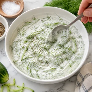Aneto fresco, sale e pepe nero mescolati nello tzatziki vegano cremoso