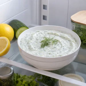Tzatziki vegano pronto che riposa in frigorifero prima di servire
