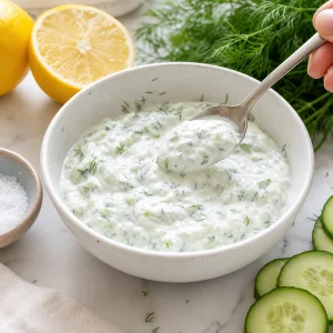 Tzatziki vegano assaggiato e corretto con limone e sale marino