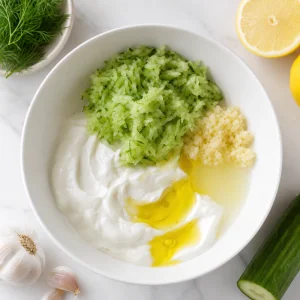Yogurt vegano, cetriolo strizzato, aglio, limone e olio d oliva in una ciotola