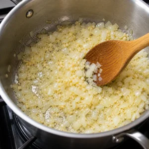 Gehackte Zwiebel und Knoblauch dünsten in Öl