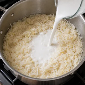 Kokosmilch wird in Reis im Topf gegossen