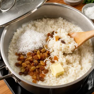 Kokos, Rosinen und Butter werden unter cremigen Reis gehoben