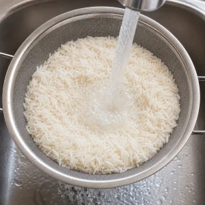 Langkornreis wird unter kaltem Wasser gespült