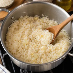 Reiskörner werden mit Zwiebel und Knoblauch im Topf gerührt