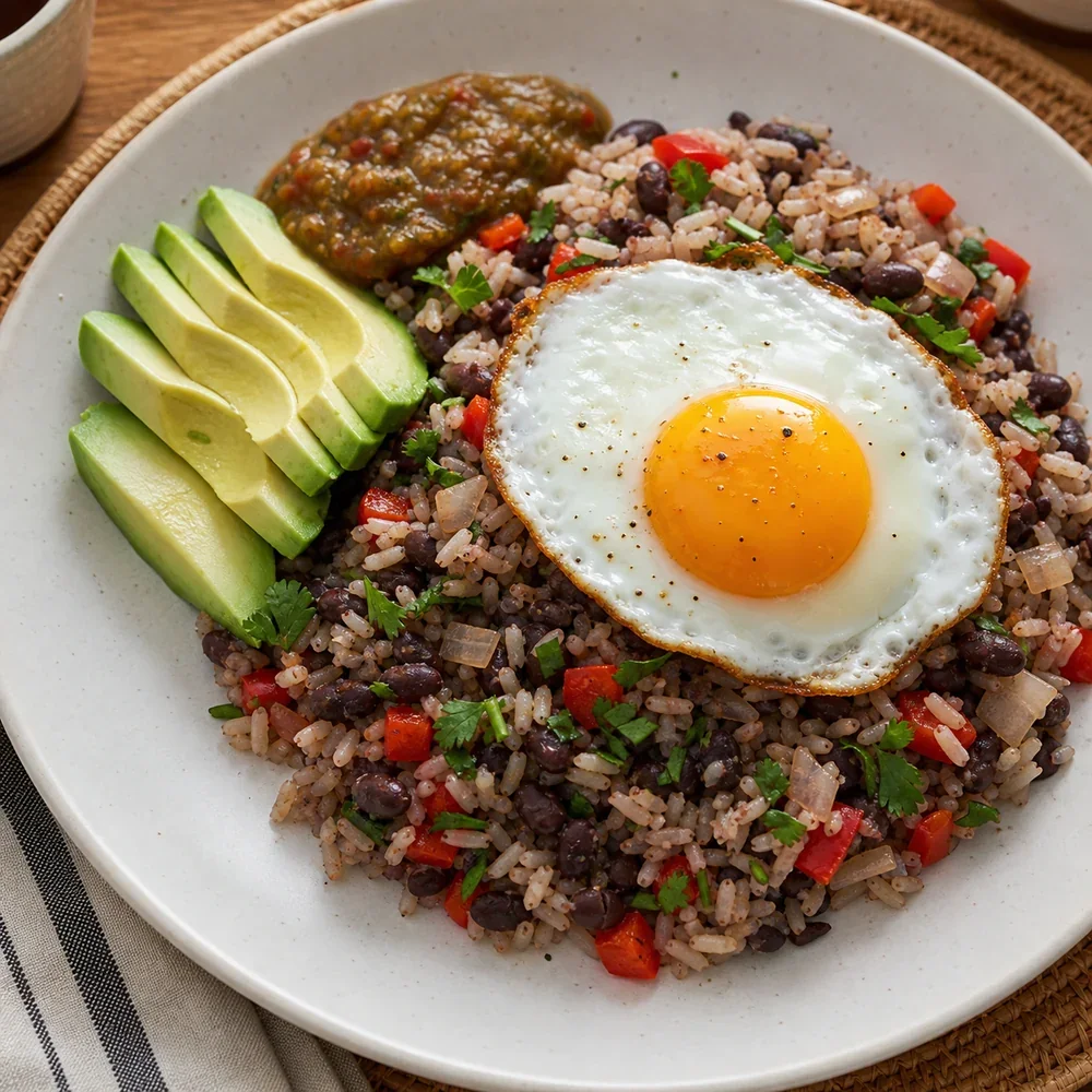 Kostarykańskie gallo pinto z jajkiem sadzonym, awokado i sosem
