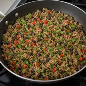 Świeża kolendra wymieszana z ciepłym gallo pinto