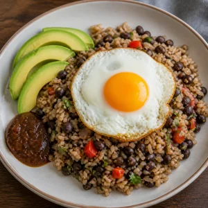 Gallo pinto na talerzu z jajkiem sadzonym i awokado