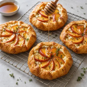 Upieczone galettes z brzoskwiniami stygnące na kratce i polewane miodem