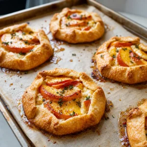 Złociste galettes z brzoskwiniami i bulgoczącymi owocami na blasze