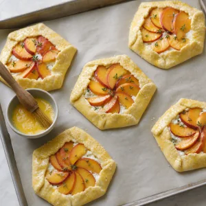 Nieupieczone galettes z brzoskwiniami posmarowane jajkiem na blasze