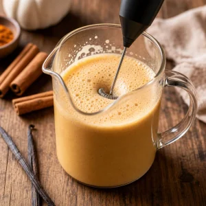 Foamy pumpkin milk being frothed in a pitcher