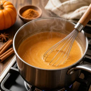 Steaming pumpkin milk gently whisked in a saucepan