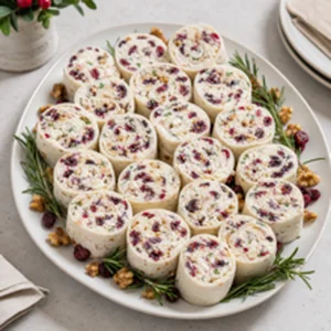 Cranberry and feta cream cheese pinwheels arranged on a serving platter